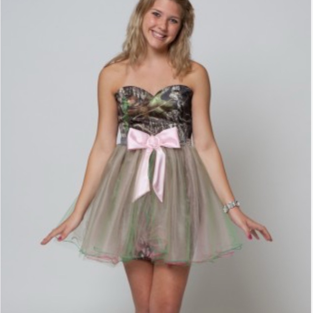 Strapless Camouflage Dress with Pink Bow